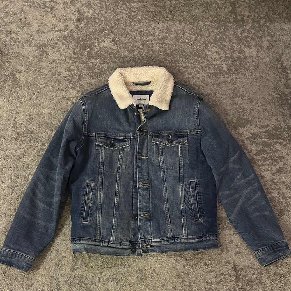 Goodfellow & Co Blue Denim Jacket with Cream Sherpa Collar